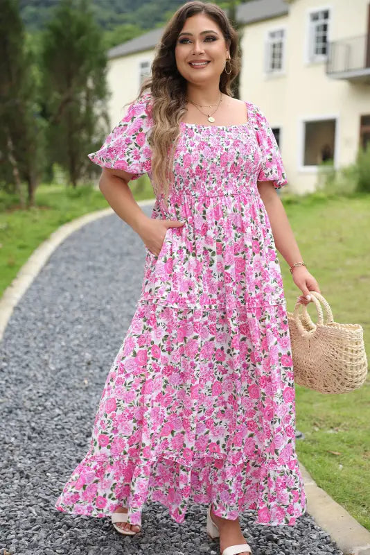 Pink plus size floral smocked dress - maxi dresses