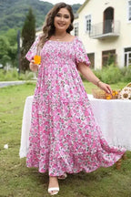 Pink Plus Size Floral Smocked Dress - Fashionfitz