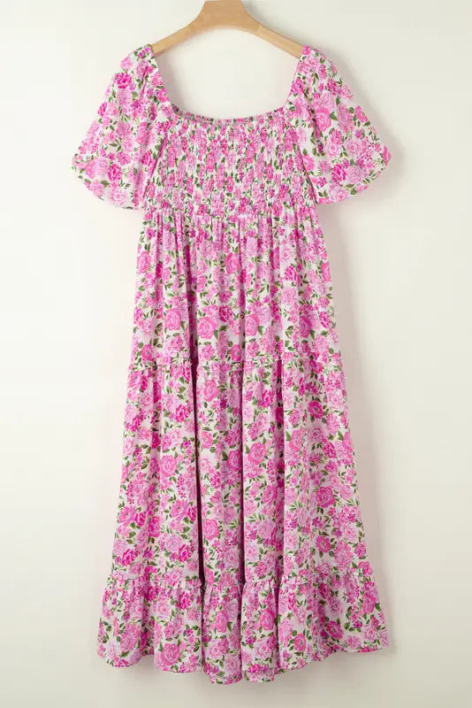 Pink plus size floral smocked dress - maxi dresses