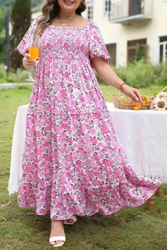 Pink Plus Size Floral Smocked Dress - Fashionfitz