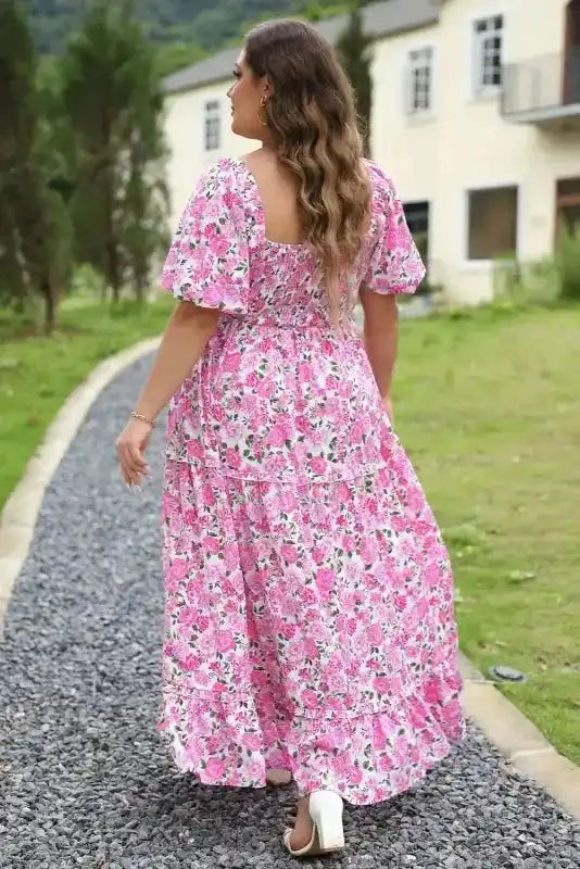 Pink Plus Size Floral Smocked Dress - Fashionfitz