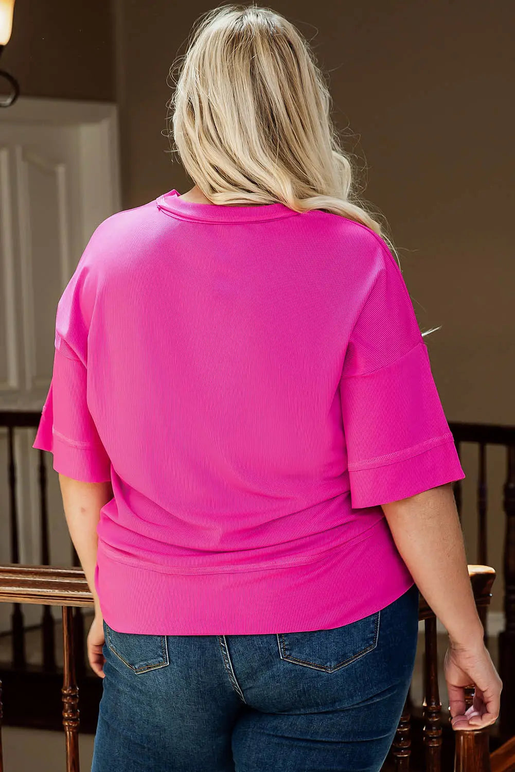 Pink plus size ribbed 3/4 sleeves flowy top