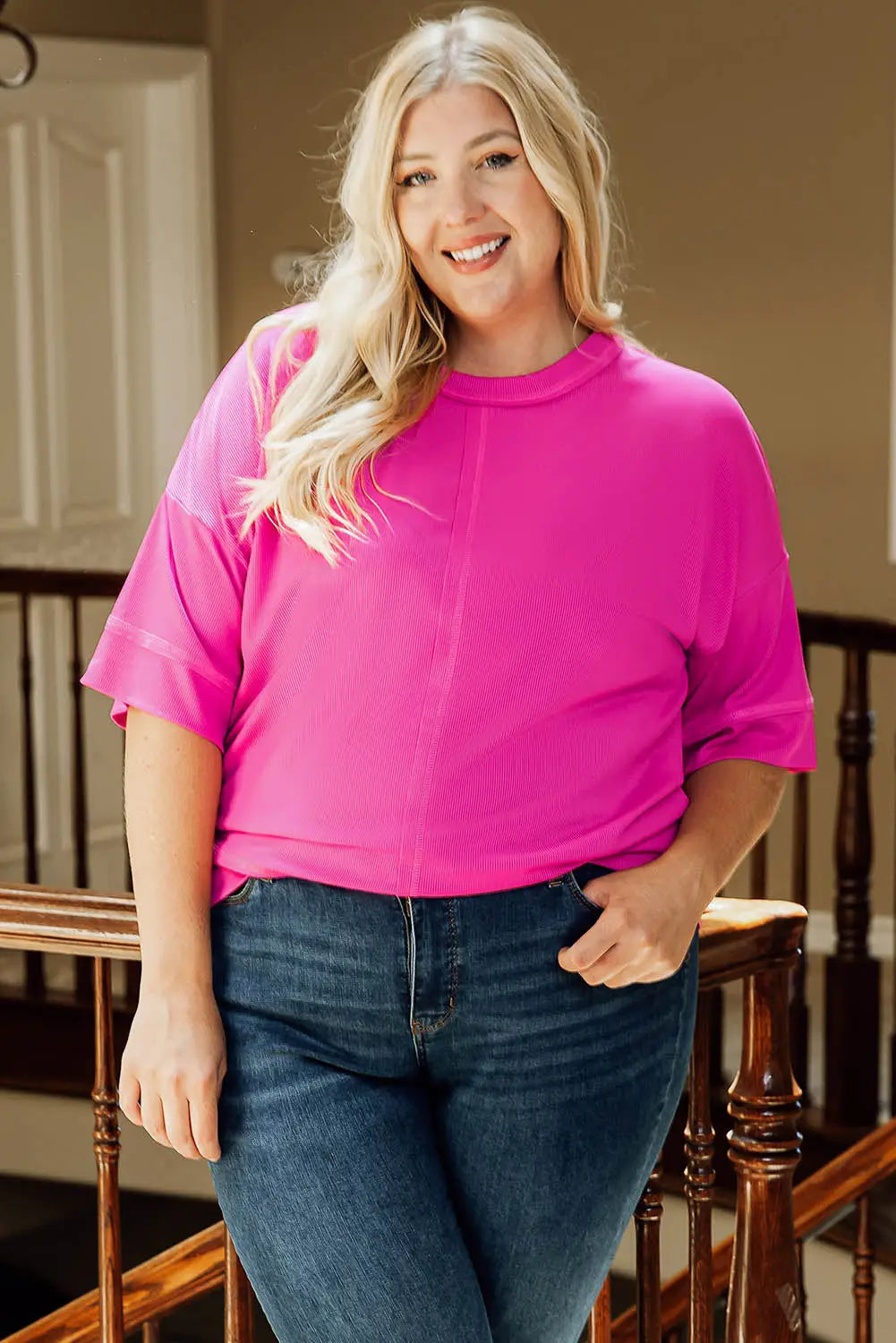 Pink plus size ribbed 3/4 sleeves flowy top - 1x /
