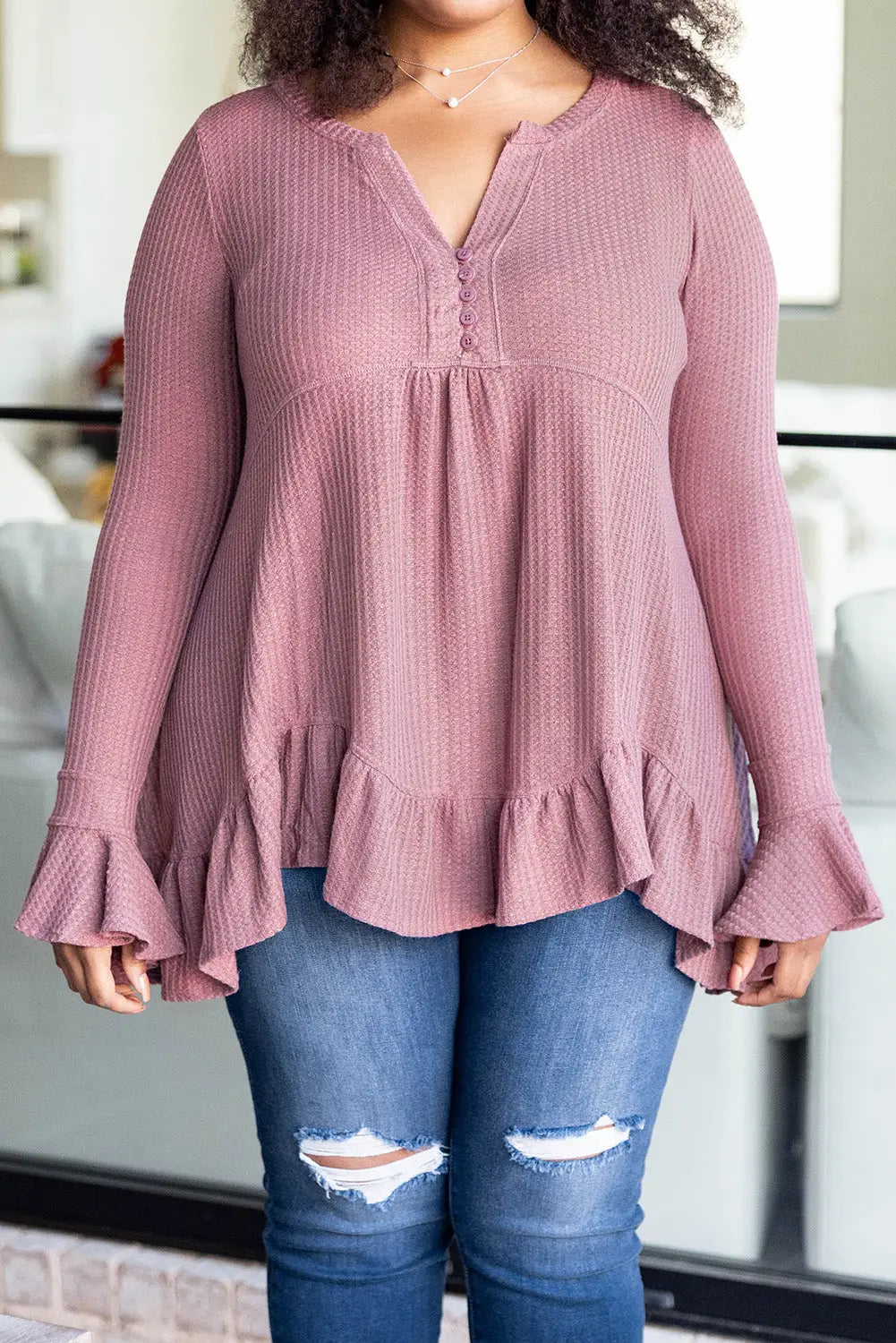 Pink plus size ruffled waffle knit babydoll top - 1x /