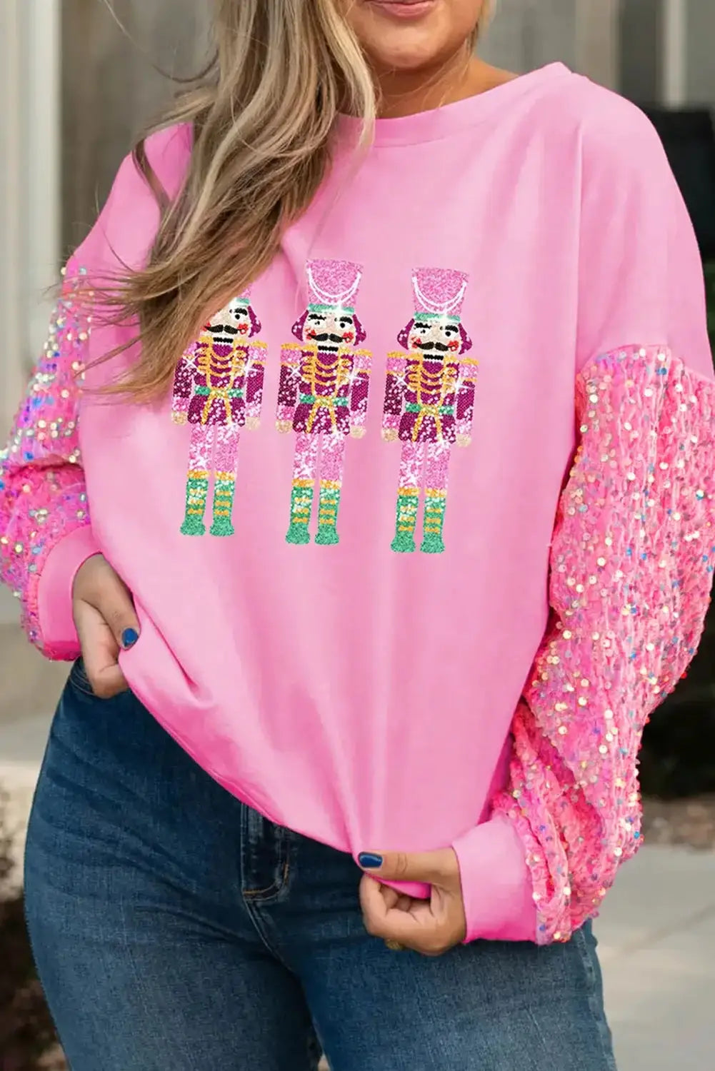 Pink plus size sequin sleeves nutcracker graphic sweatshirt