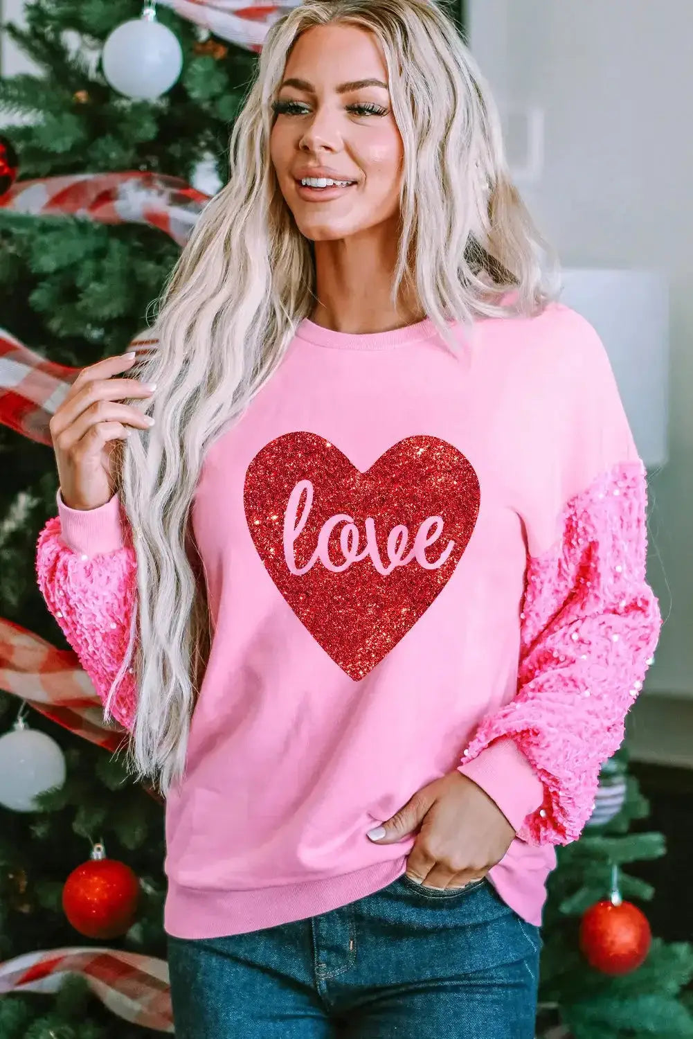 Pink plus size sequin sleeves nutcracker graphic sweatshirt - pink2 / l / 65% polyester + 35% cotton