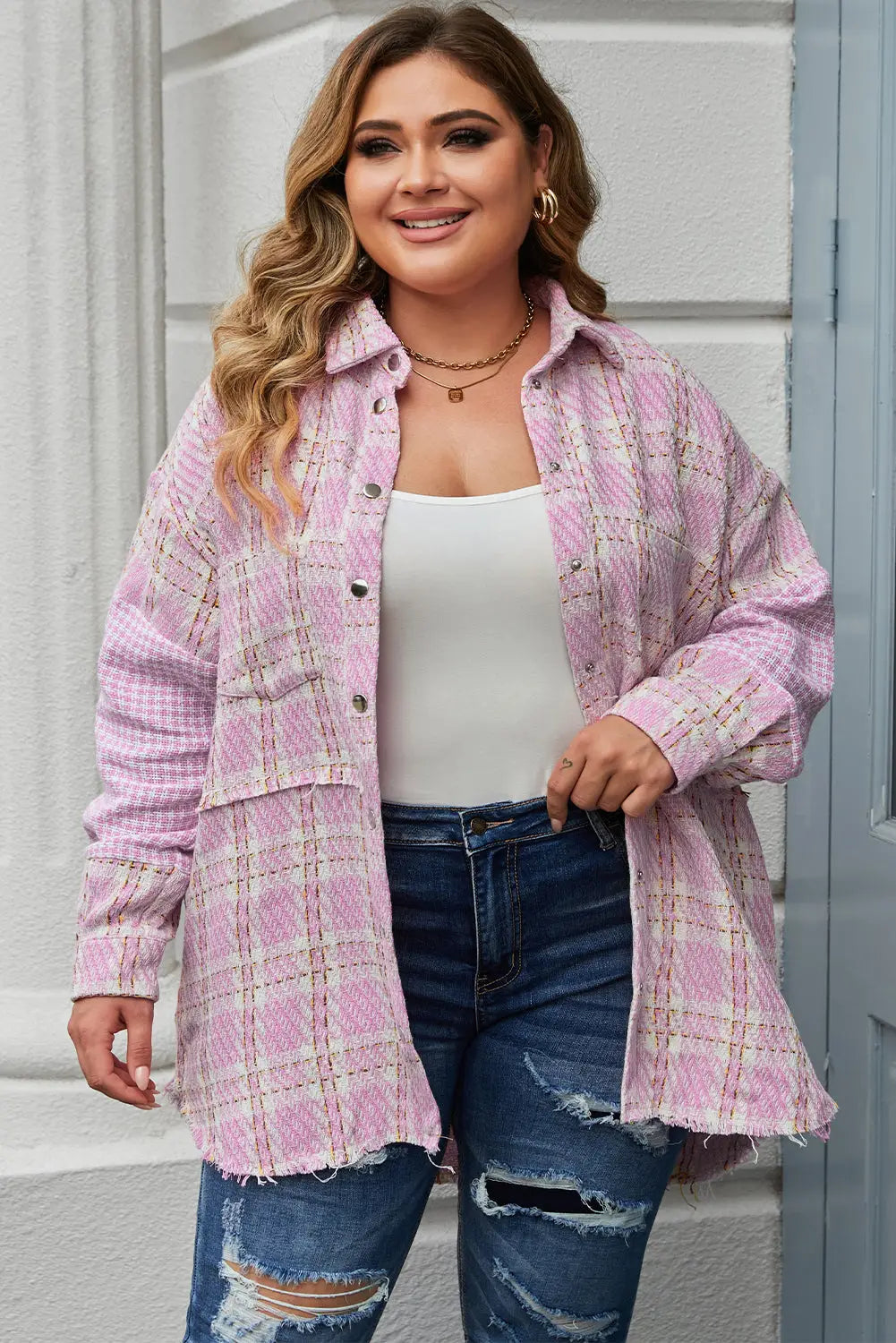 Pink plus size tweed plaid houndstooth print jacket - 1x /