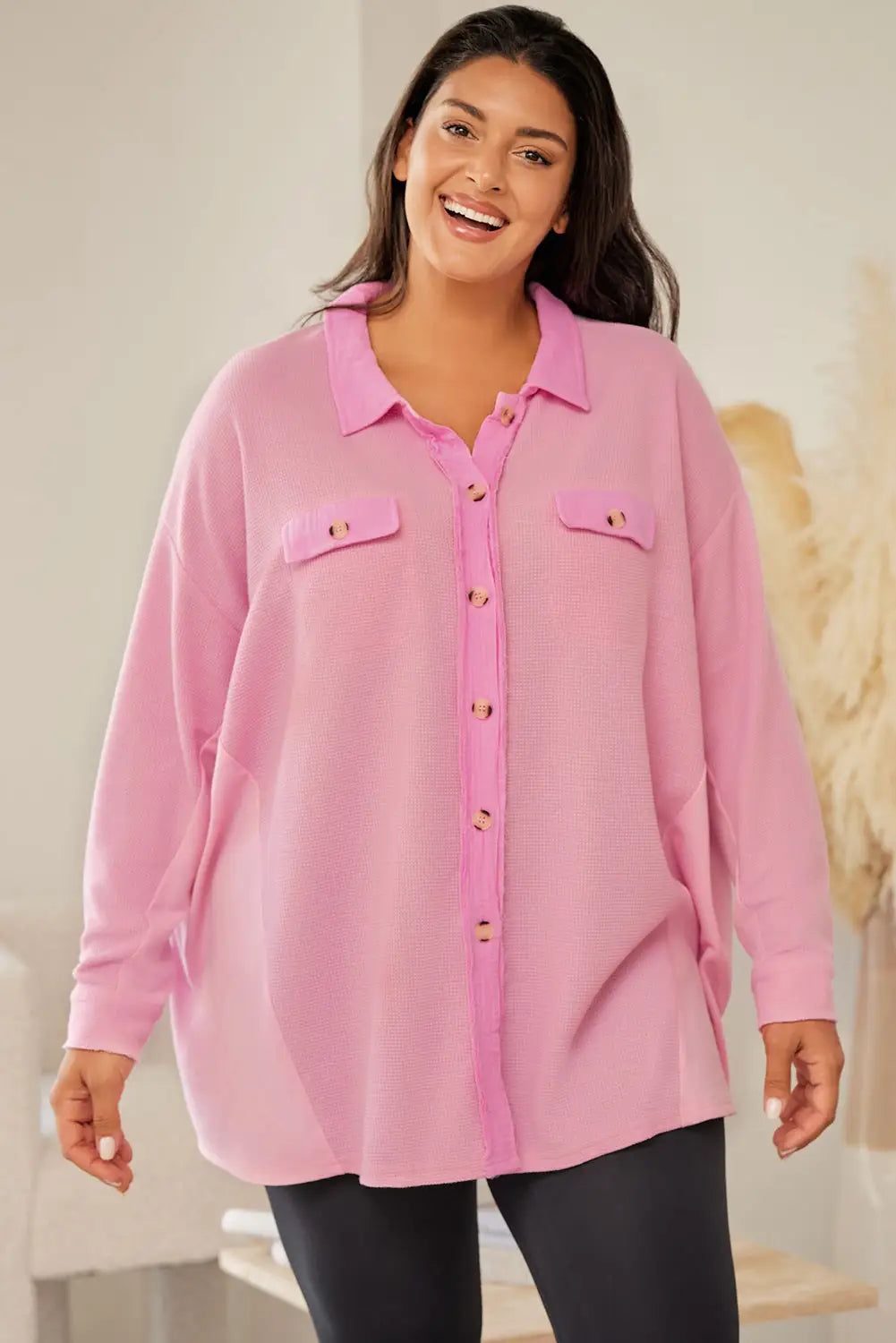 Pink plus size waffle knit exposed seam shirt - 1x /