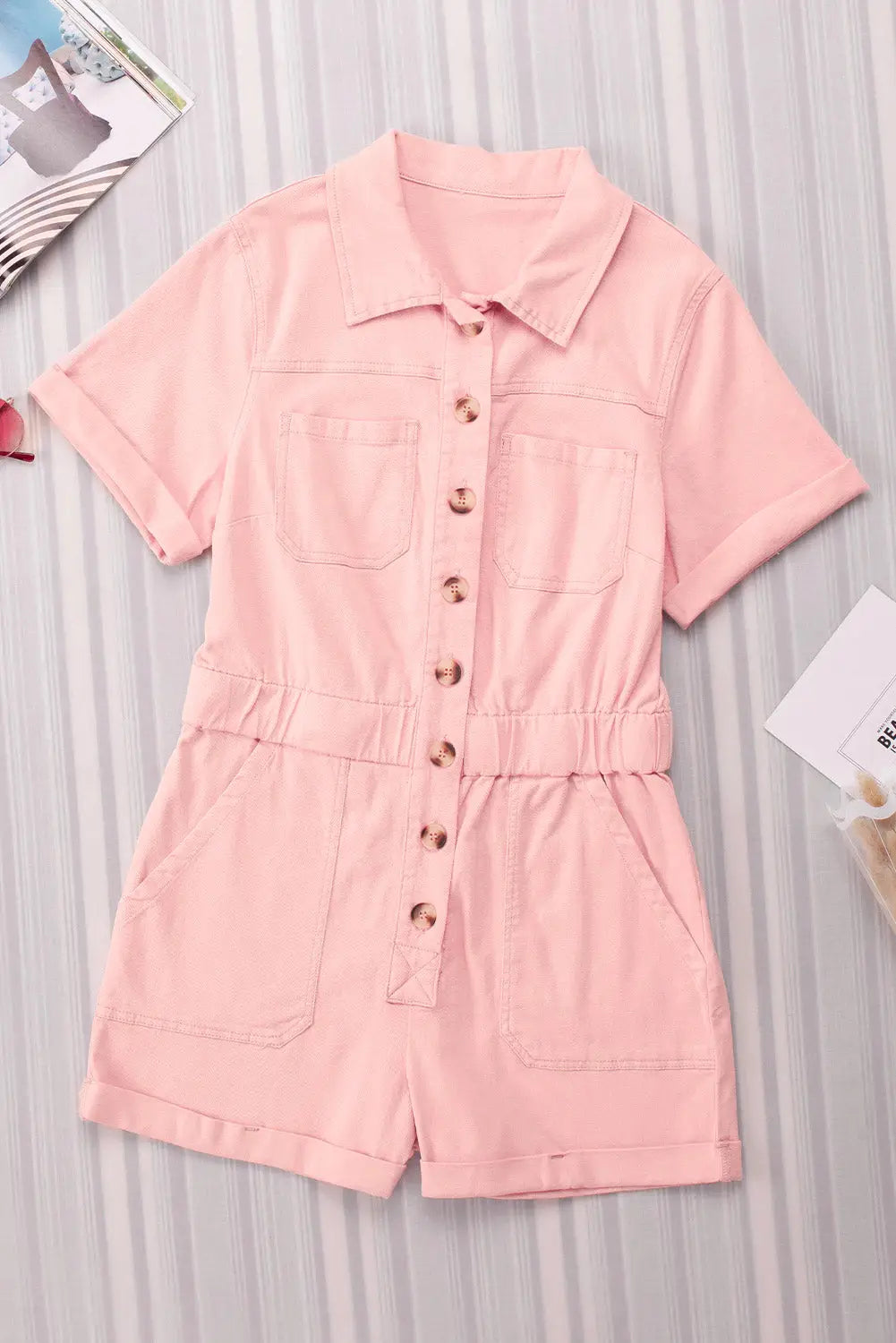 Pink pocketed button down denim romper - jumpsuits & rompers
