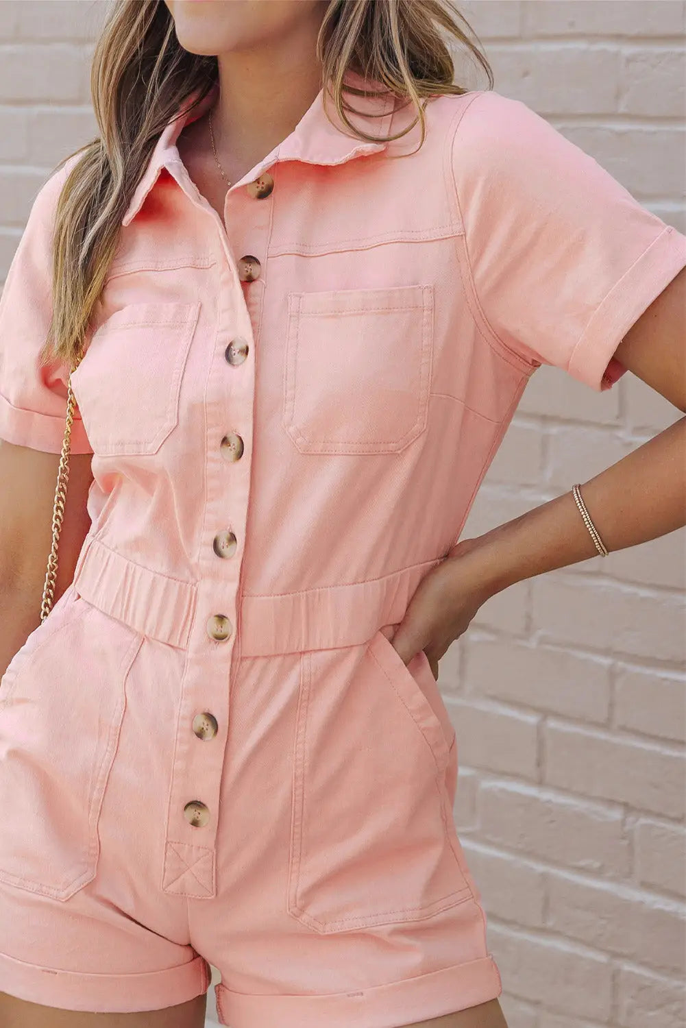 Pink pocketed button down denim romper - jumpsuits & rompers