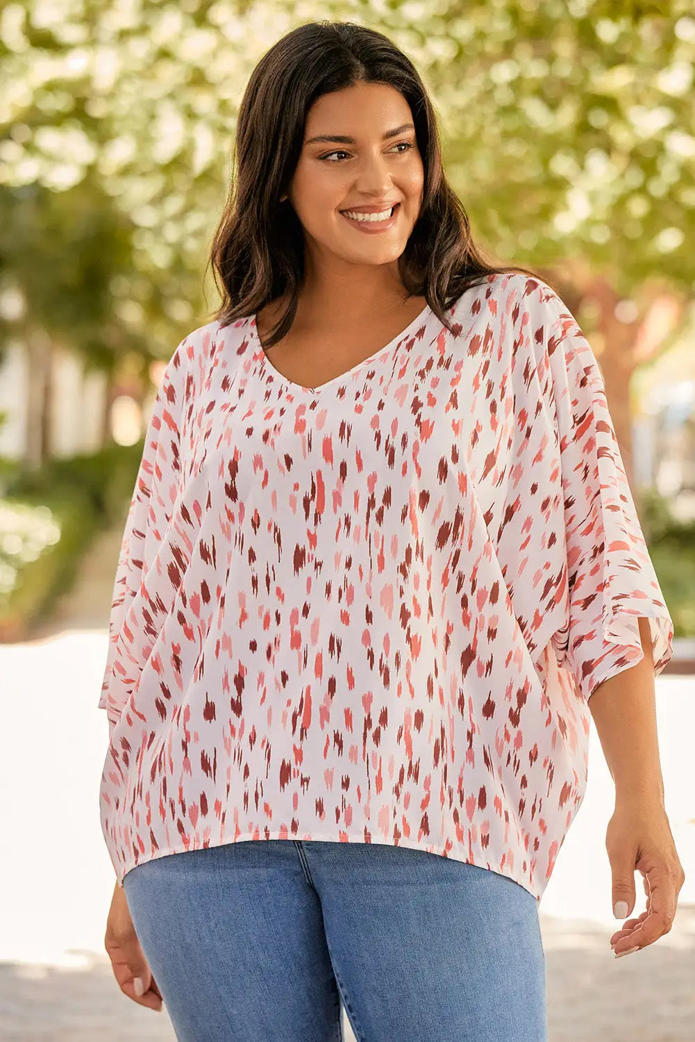 Pink printed 3/4 dolman sleeve plus size blouse