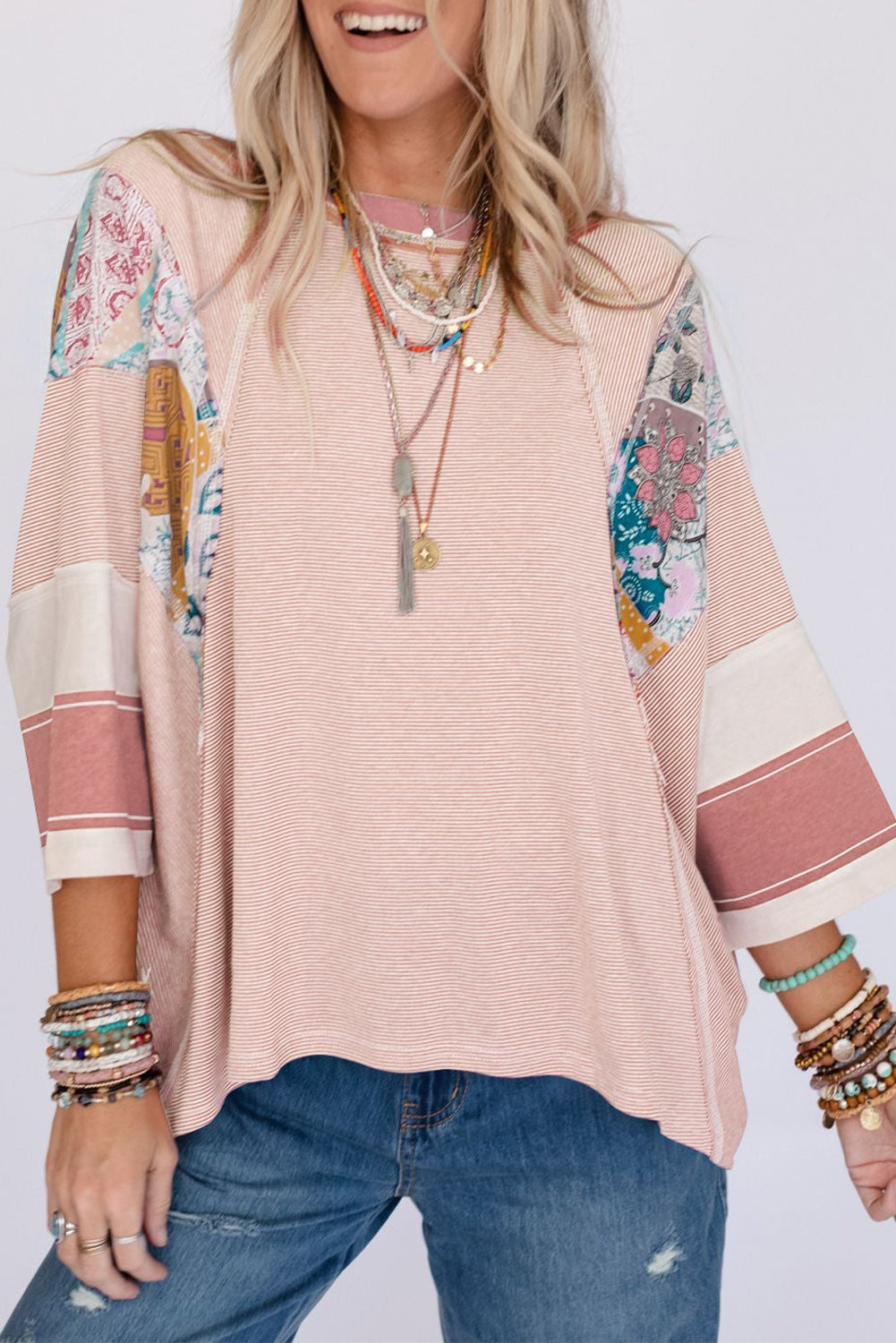 Pink printed pinstriped color block patchwork oversized top - l / 95% polyester + 5% elastane - long sleeve tops