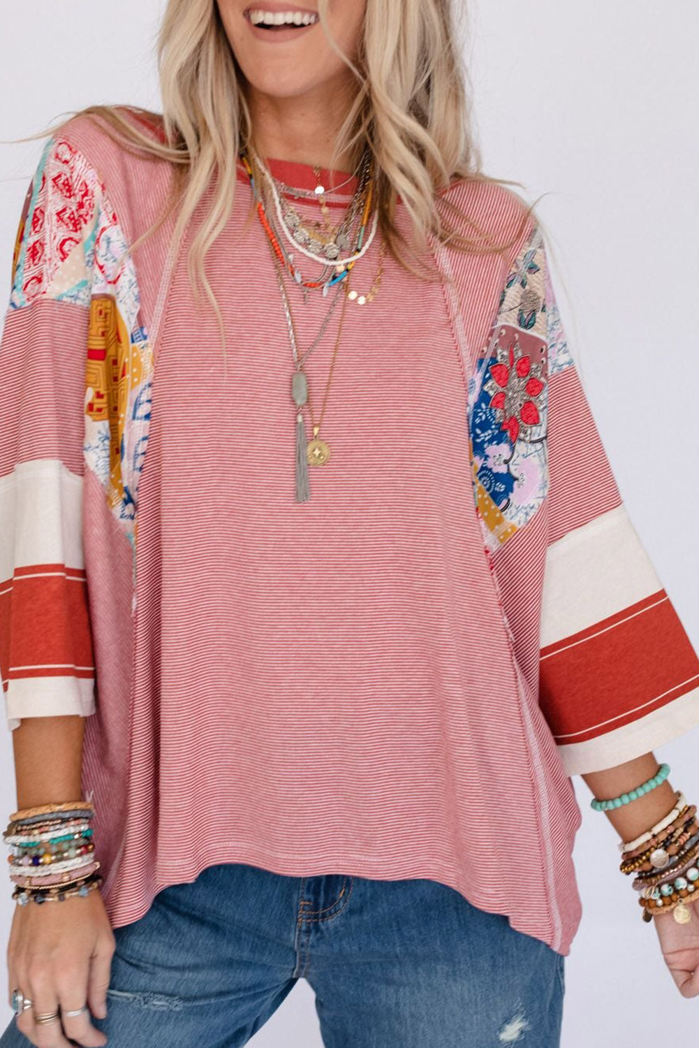 Pink printed pinstriped color block patchwork oversized top - red / 2xl / 95% polyester + 5% elastane - long sleeve tops