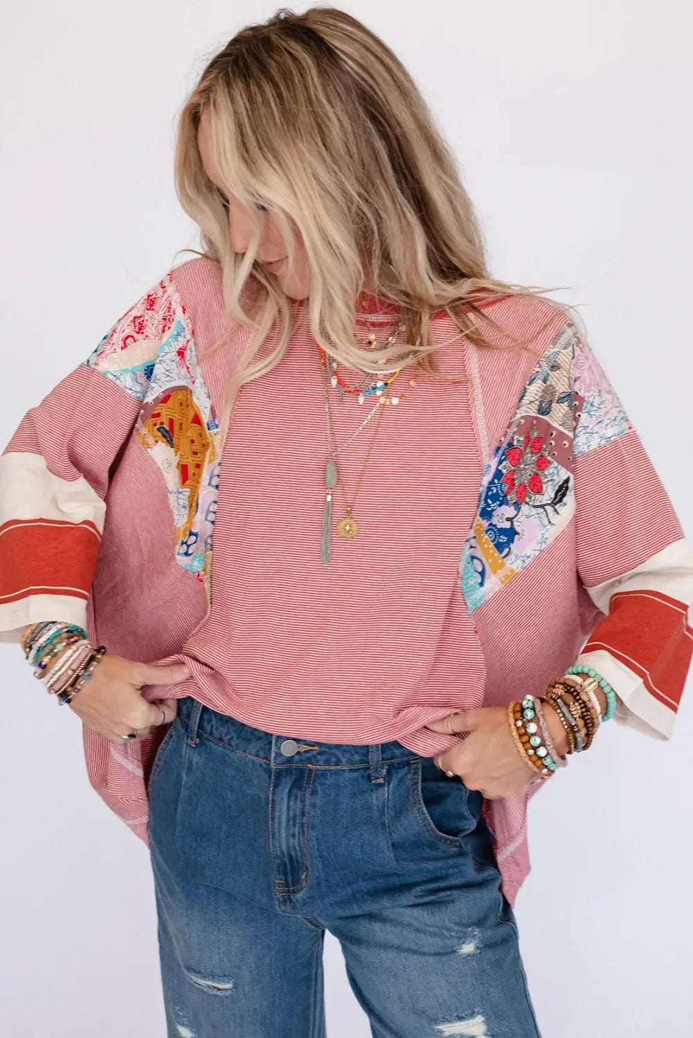 Pink printed pinstriped color block patchwork oversized top - long sleeve tops
