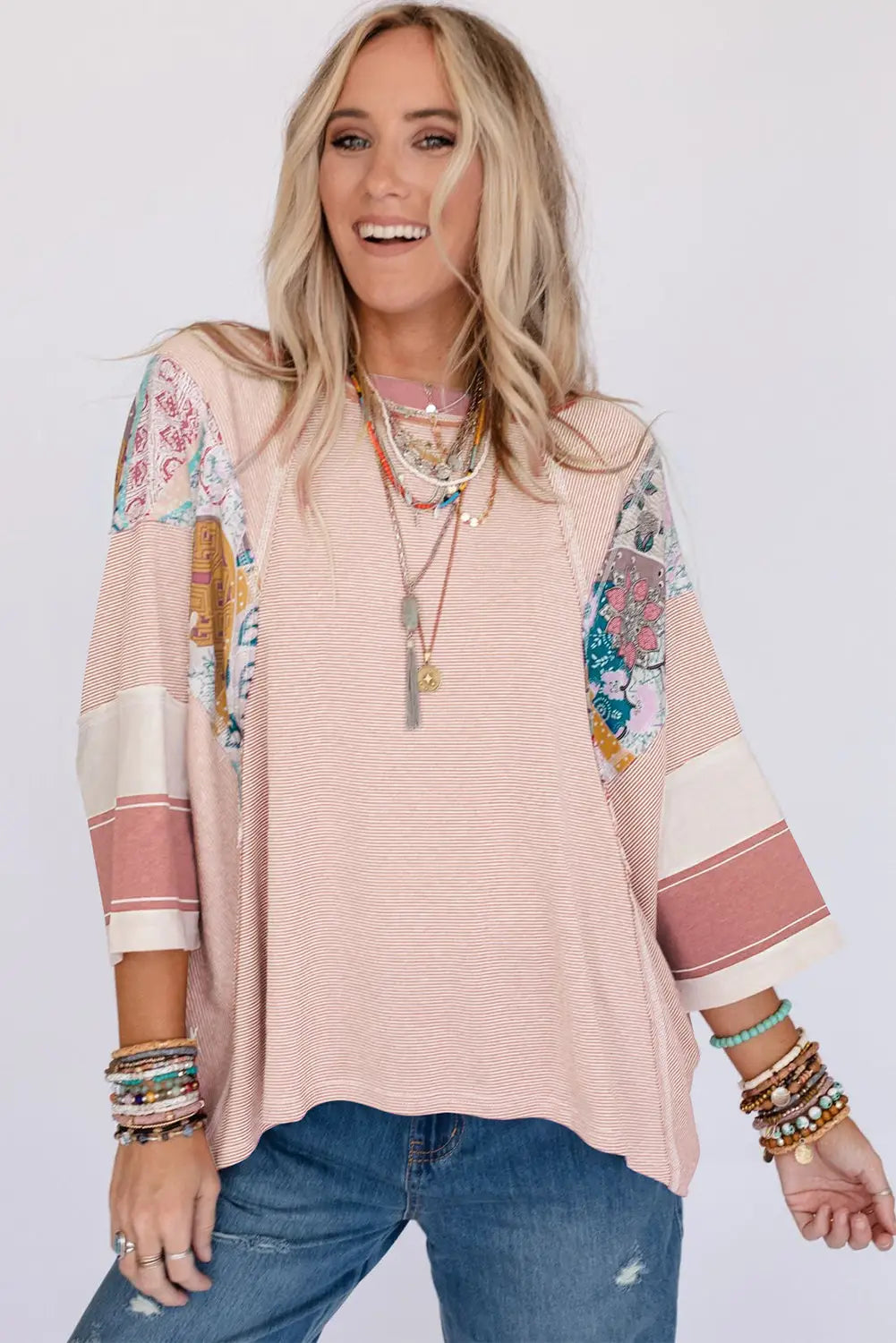 Pink printed pinstriped color block patchwork oversized top - long sleeve tops