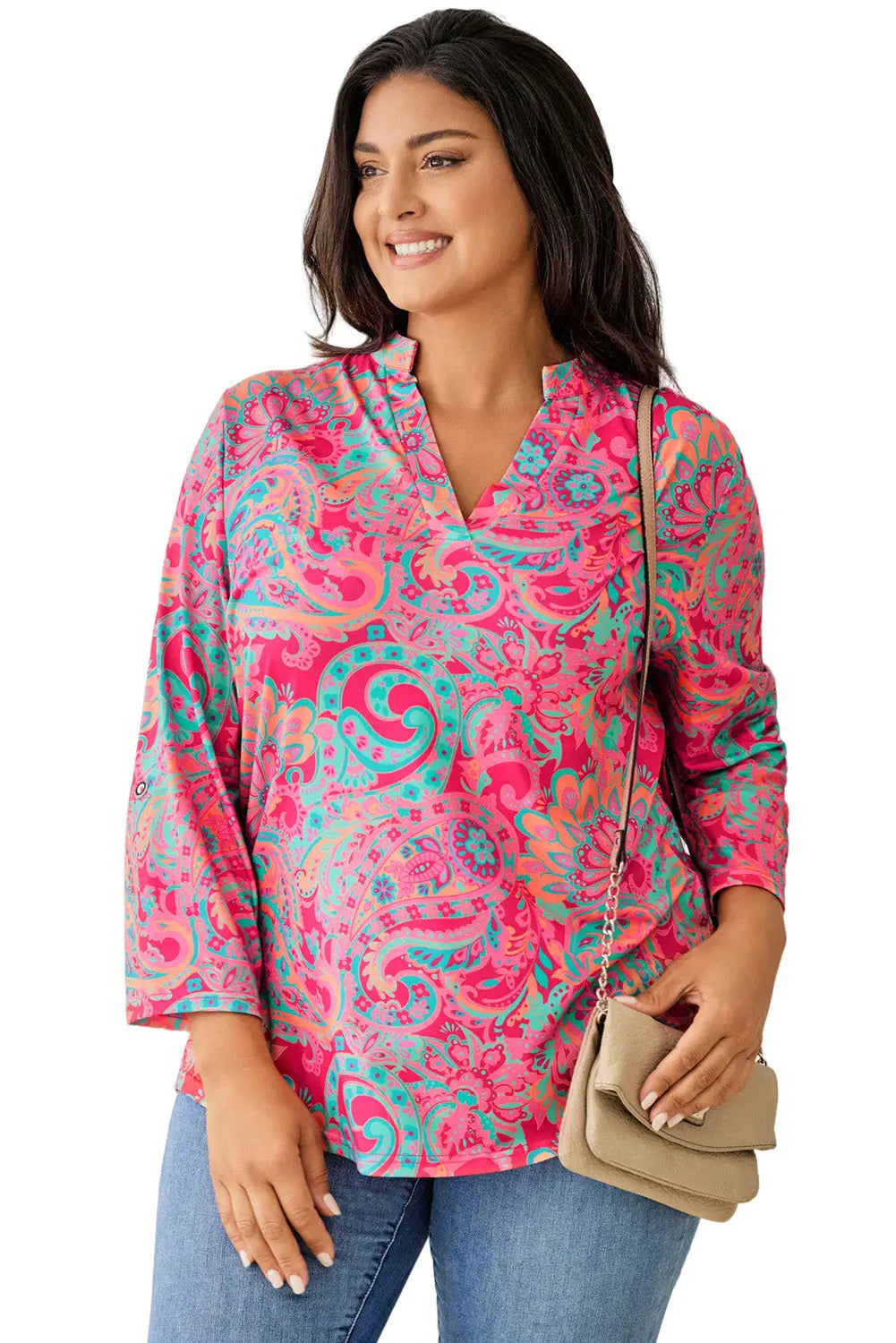 Pink printed plus size paisley print v neck roll tab sleeve blouse