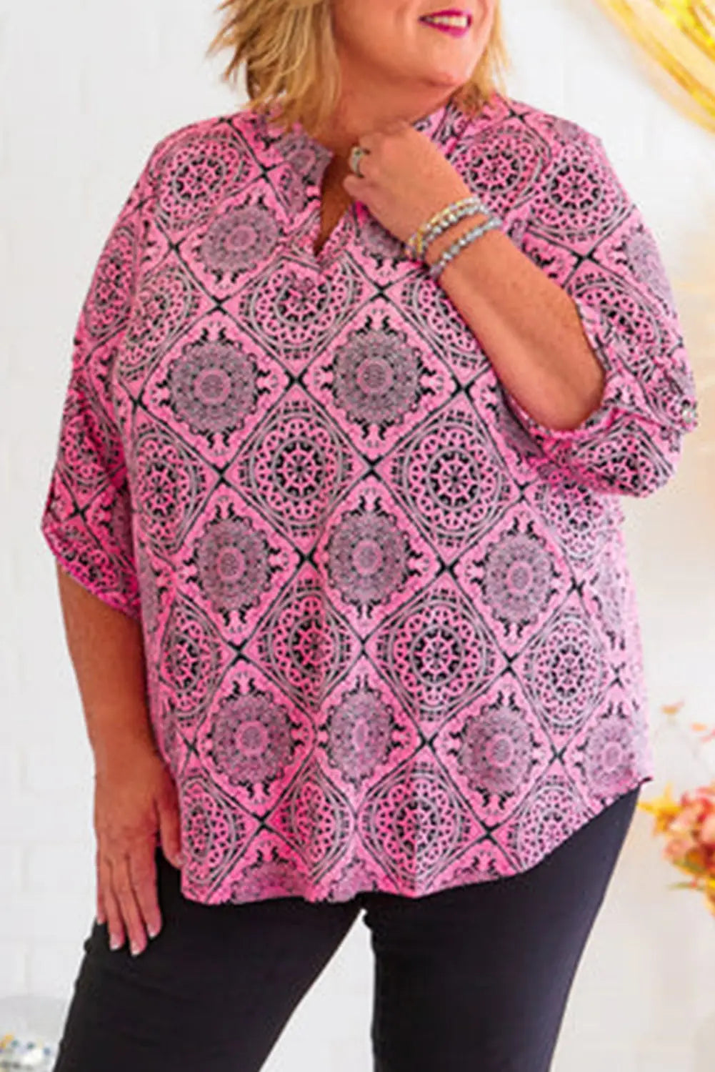 Pink printed plus size paisley print v neck roll tab sleeve blouse - 1x / 95% polyester + 5% elastane