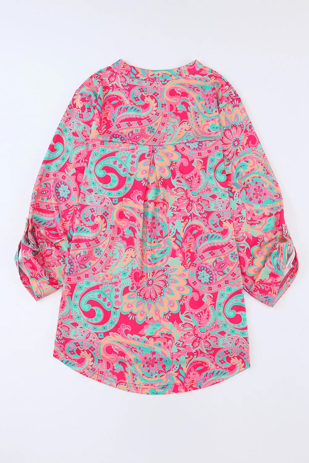 Pink printed plus size paisley print v neck roll tab sleeve blouse
