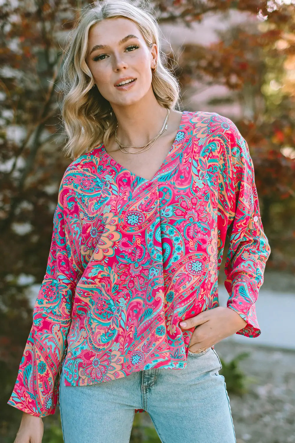 Pink printed plus size paisley print v neck roll tab sleeve blouse - rose red / l / 95% polyester + 5% elastane