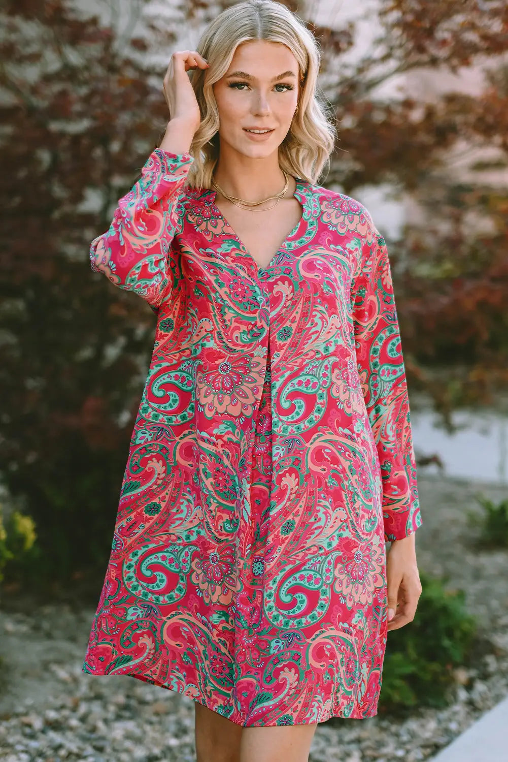 Pink printed plus size paisley print v neck roll tab sleeve blouse - rose red1 / l / 95% polyester + 5% elastane