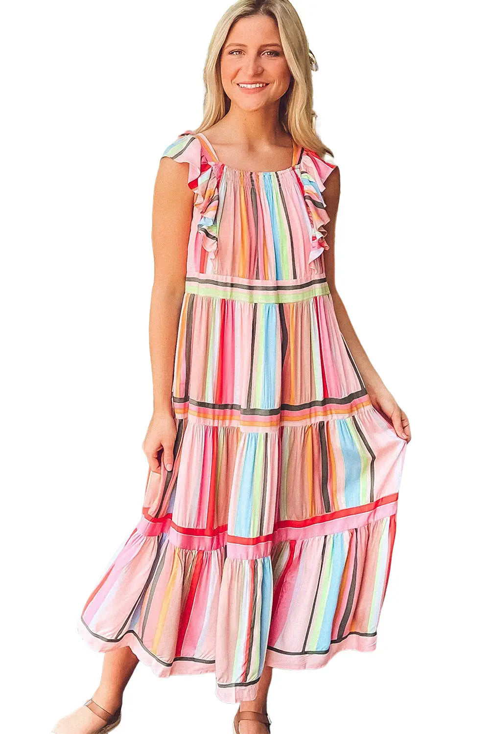 Pink rainbow stripe ruffles ruched tiered dress - maxi dresses
