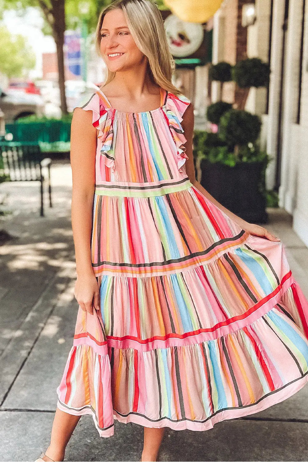 Pink rainbow stripe ruffles ruched tiered dress - maxi dresses