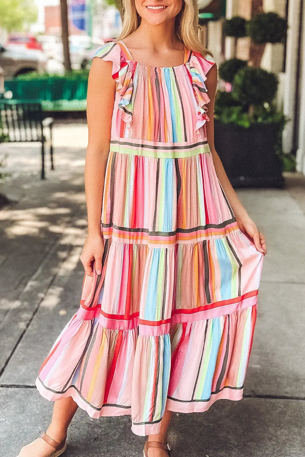 Pink rainbow stripe ruffles ruched tiered dress - s / 100% polyester - maxi dresses