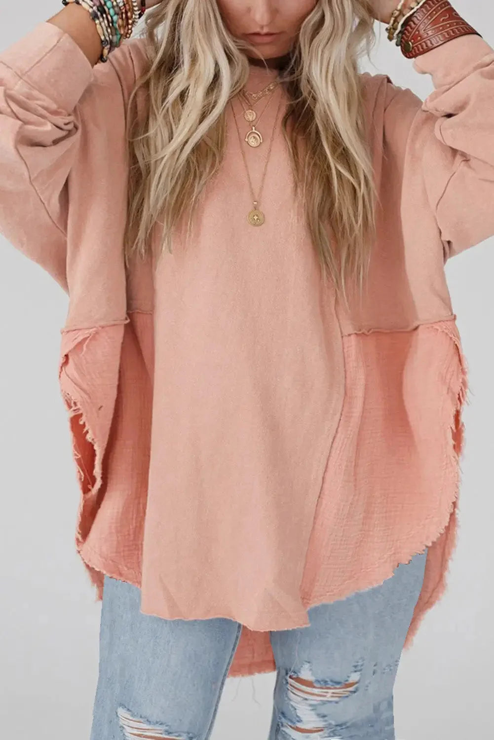 Pink raw edge leopard patchwork oversized blouse - pale chestnut / 1x / 95% polyester + 5% elastane - blouses & shirts