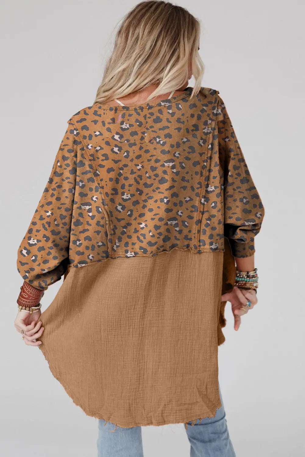 Pink raw edge leopard patchwork oversized blouse - blouses & shirts