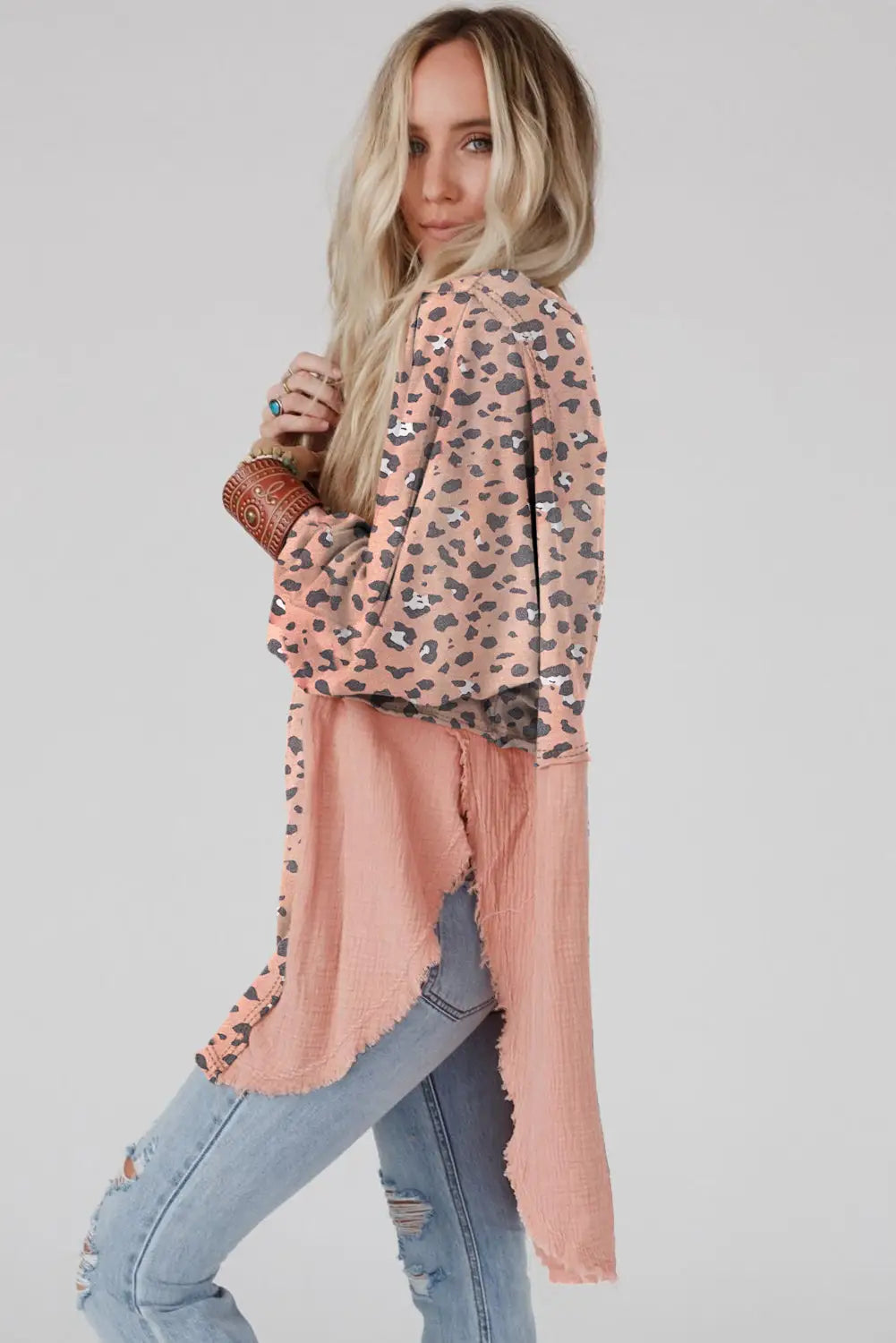 Pink raw edge leopard patchwork oversized blouse - blouses & shirts