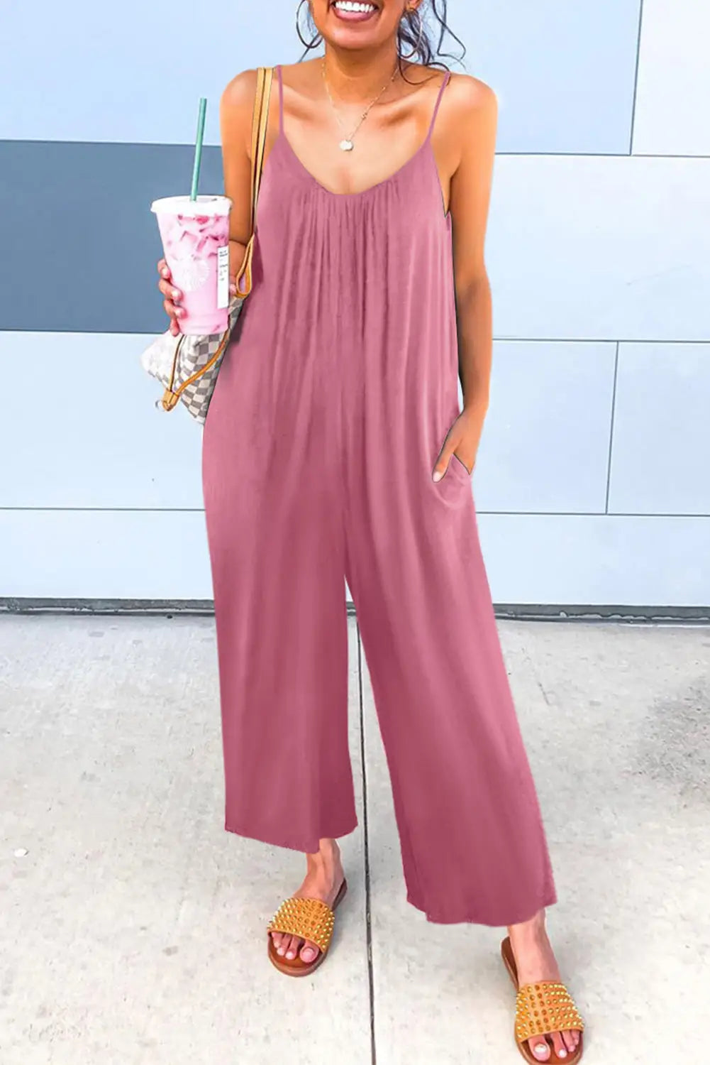 Pink red spaghetti straps wide leg pocketed jumpsuits - & rompers