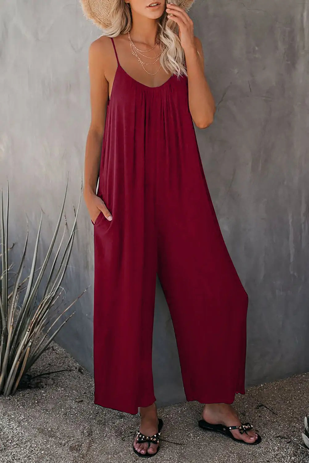 Pink red spaghetti straps wide leg pocketed jumpsuits - & rompers