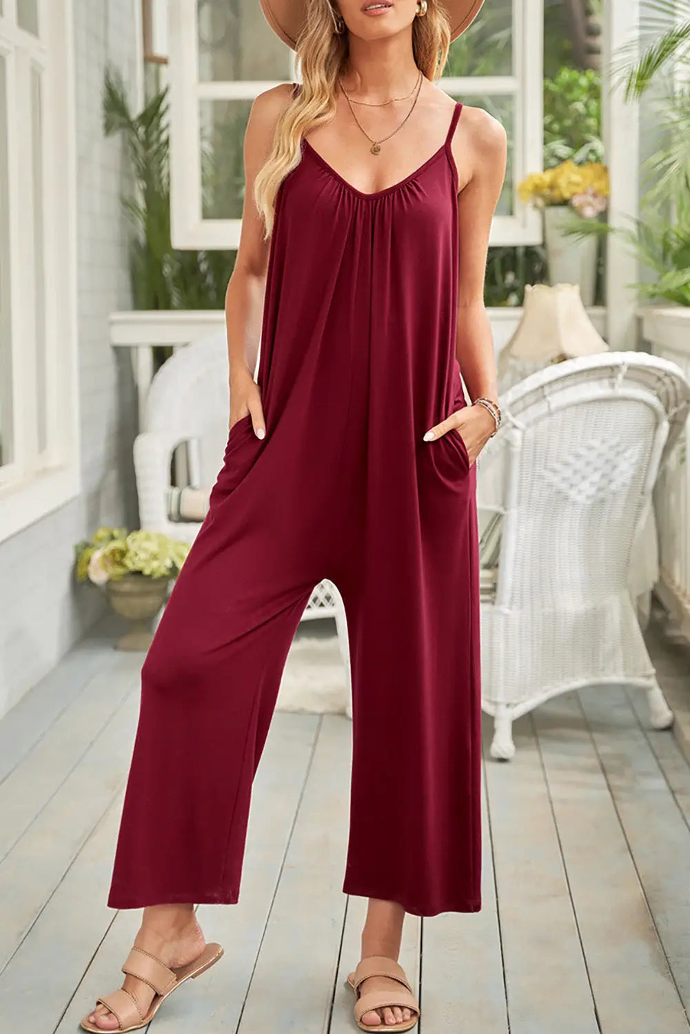 Pink red spaghetti straps wide leg pocketed jumpsuits - s / 95% polyester + 5% spandex - & rompers