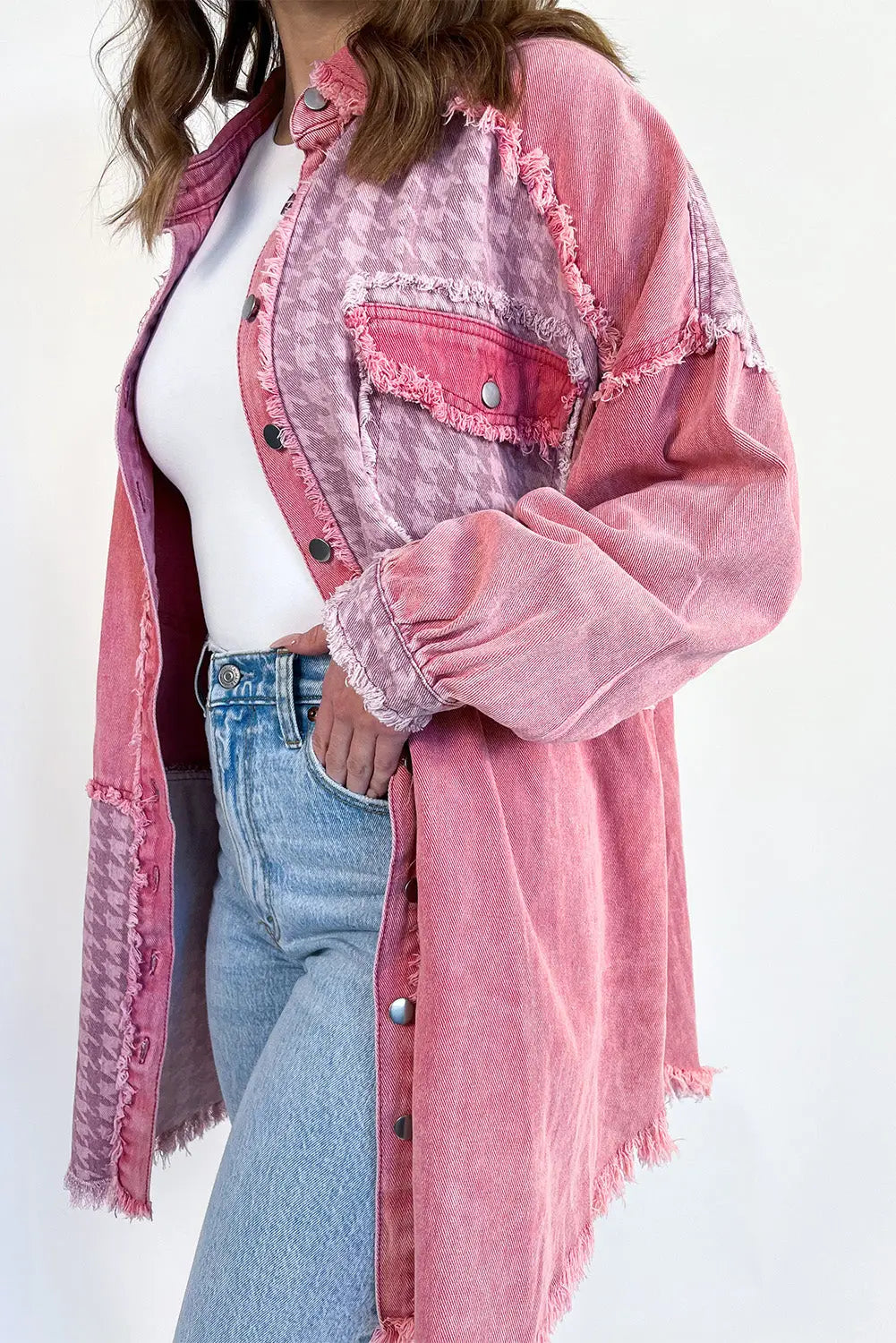 Pink retro distressed houndstooth patchwork denim jacket - l 100% cotton jackets
