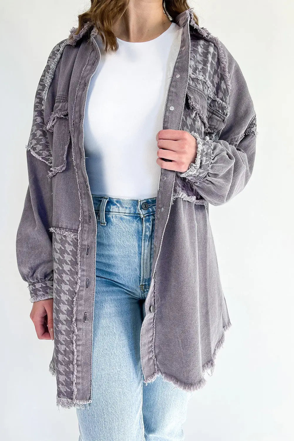 Pink retro distressed houndstooth patchwork denim jacket - medium grey / l 100% cotton jackets