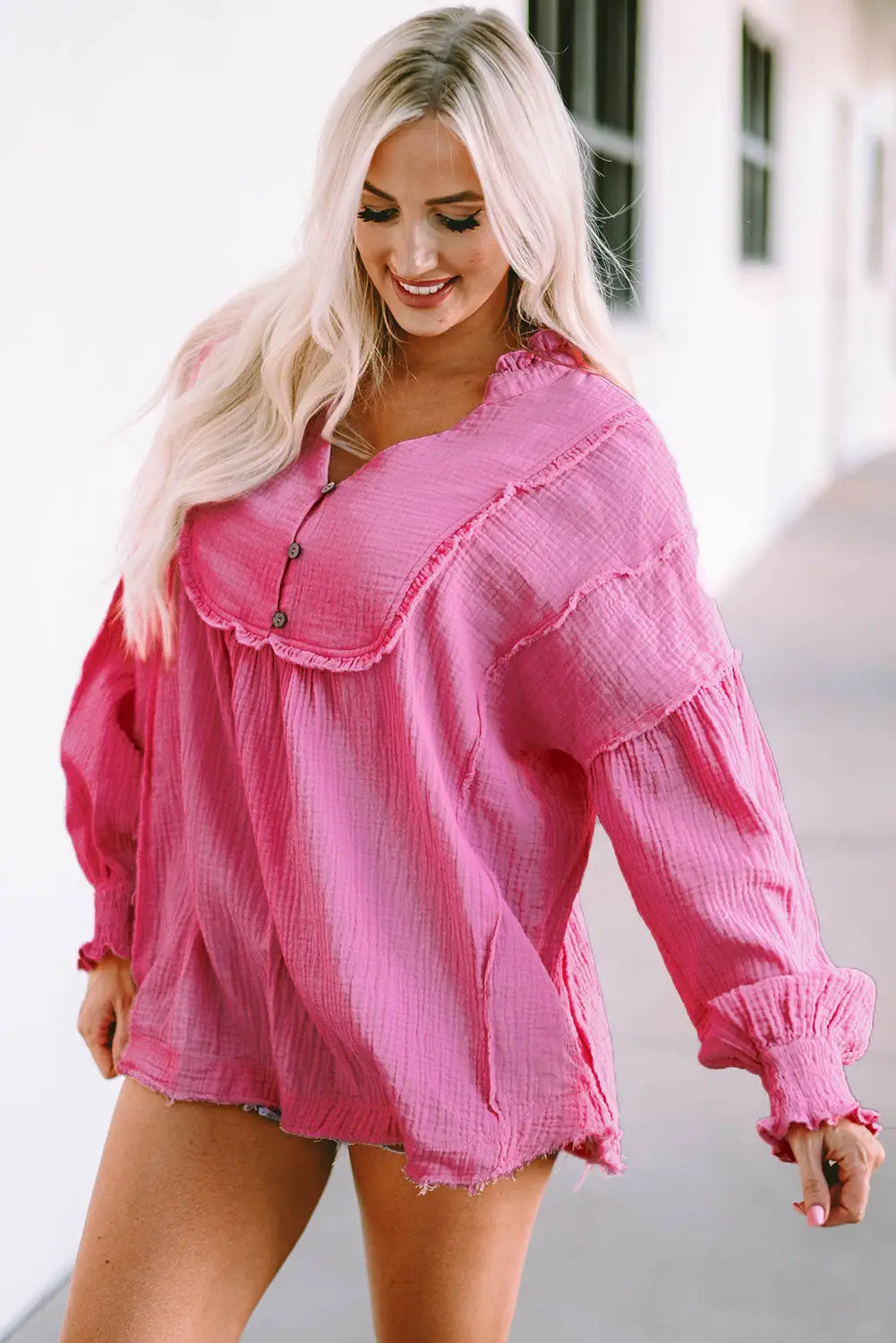 Pink retro frilled seam crinkle puff sleeve blouse - s / 100% cotton - tops