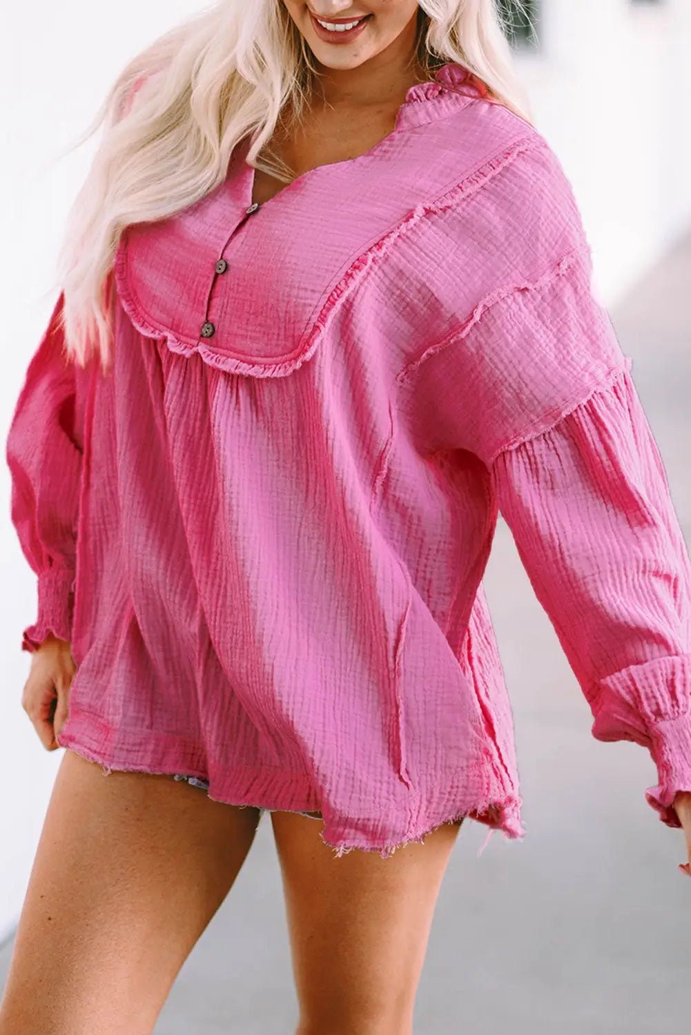 Pink retro frilled seam crinkle puff sleeve blouse - tops