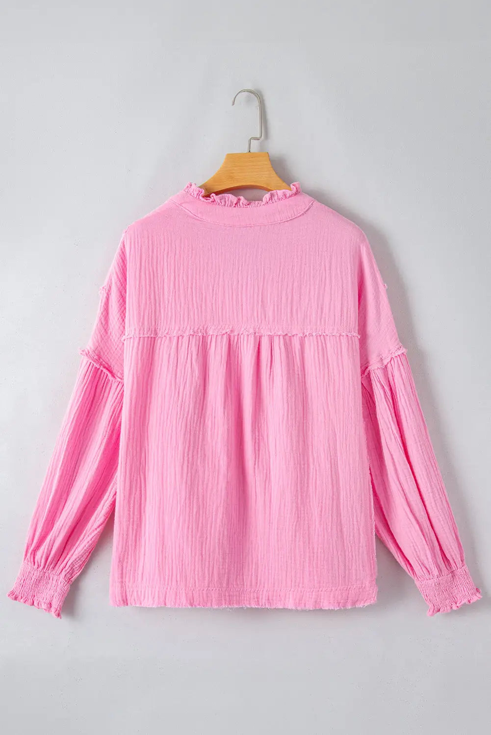 Pink retro frilled seam crinkle puff sleeve blouse - tops