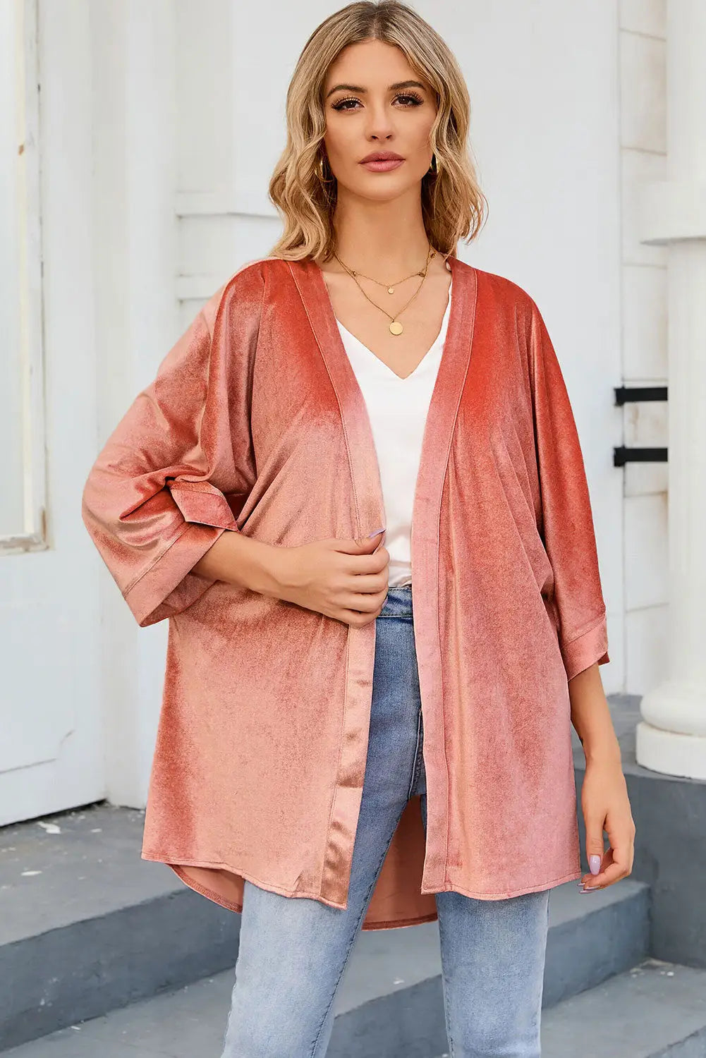 Pink retro velvet wide sleeves cardigan - s / 95% polyester + 5% elastane - kimonos