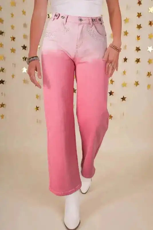Pink Rhinestone Gradient Denim Pants - Fashionfitz