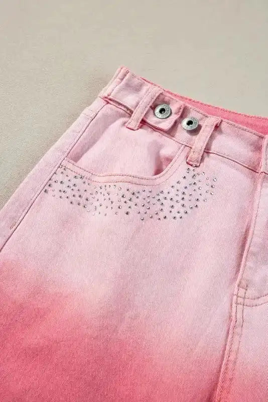Pink Rhinestone Gradient Denim Pants - Fashionfitz