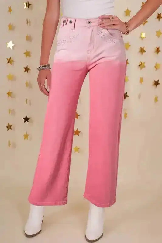 Pink Rhinestone Gradient Denim Pants - Fashionfitz