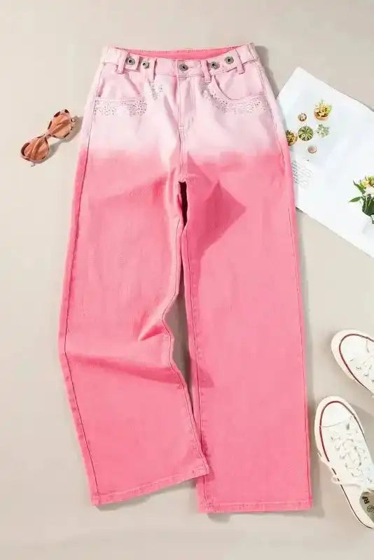 Pink Rhinestone Gradient Denim Pants - Fashionfitz