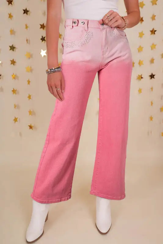 Pink rhinestone gradient denim pants - jeans