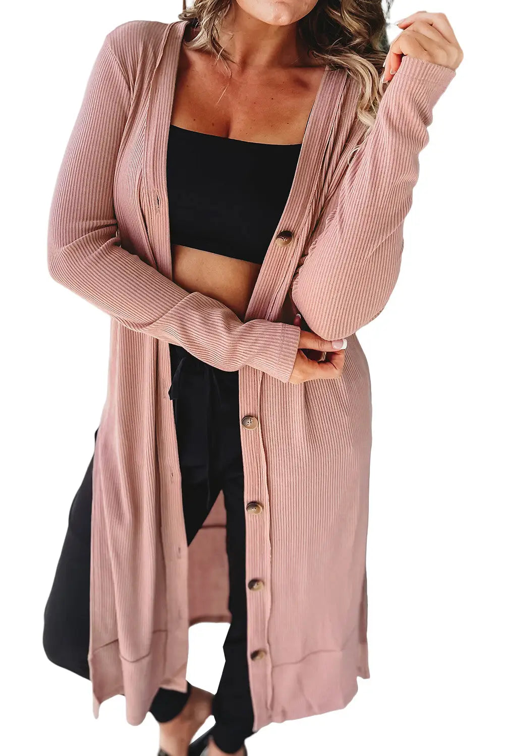 Pink ribbed button-up split duster cardigan - sweaters & cardigans