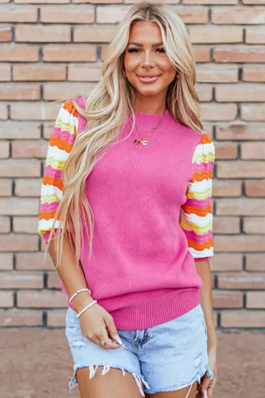 Pink ribbed knit top - short sleeve sweaters