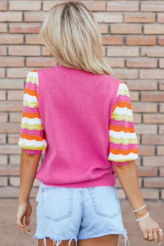 Pink ribbed knit top - short sleeve sweaters