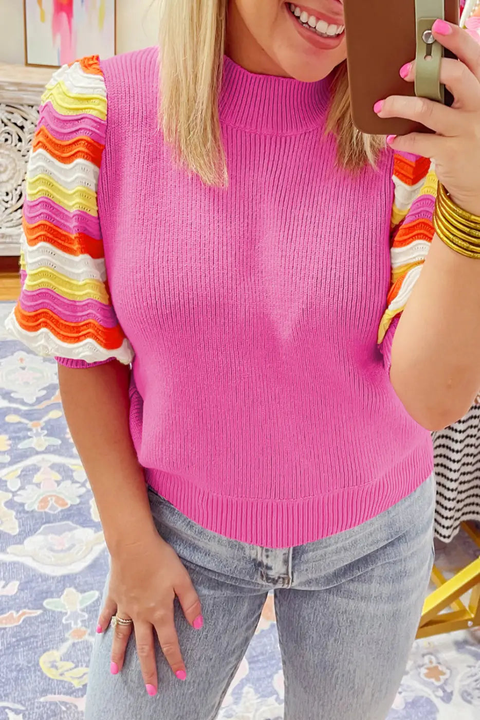 Pink ribbed knit top - s / 50% viscose + 28% polyester + 22% polyamide - short sleeve sweaters