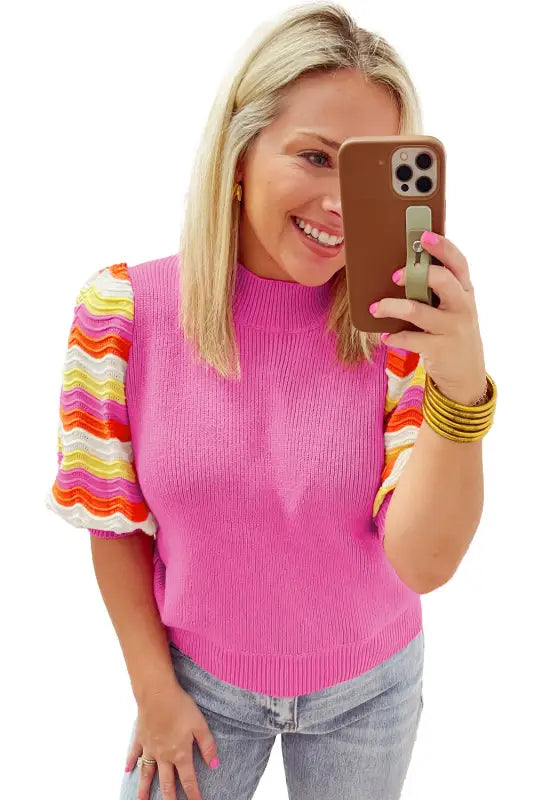 Pink ribbed knit top - short sleeve sweaters