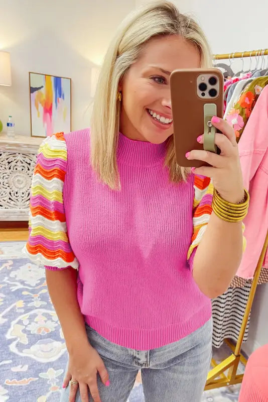 Pink ribbed knit top - short sleeve sweaters